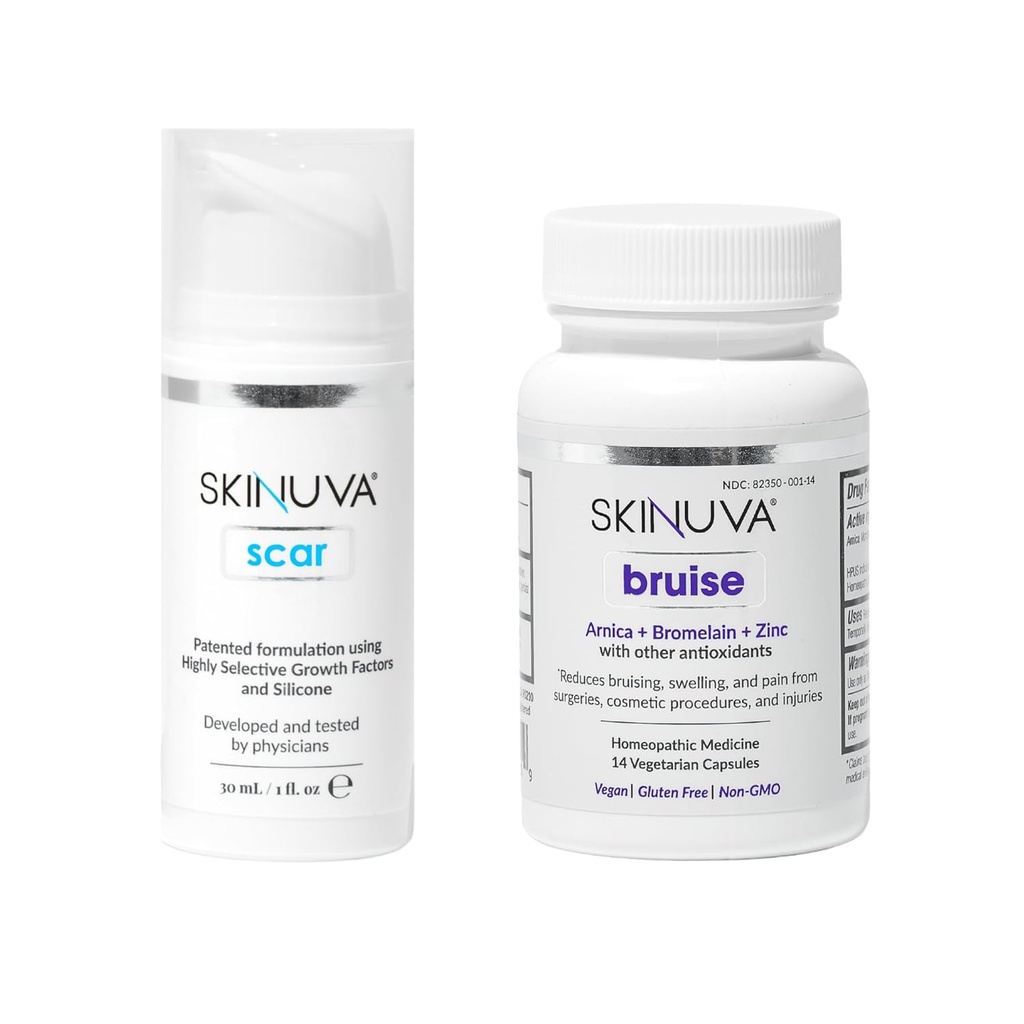 Skinuva® Scar (1 oz) & Bruise (14 capsule) - Crema di Silicone avanzata formulata con Fattori di Crescita & Bruise Remedy omeopatico formulato con Arnica, Bromelain & Zinc