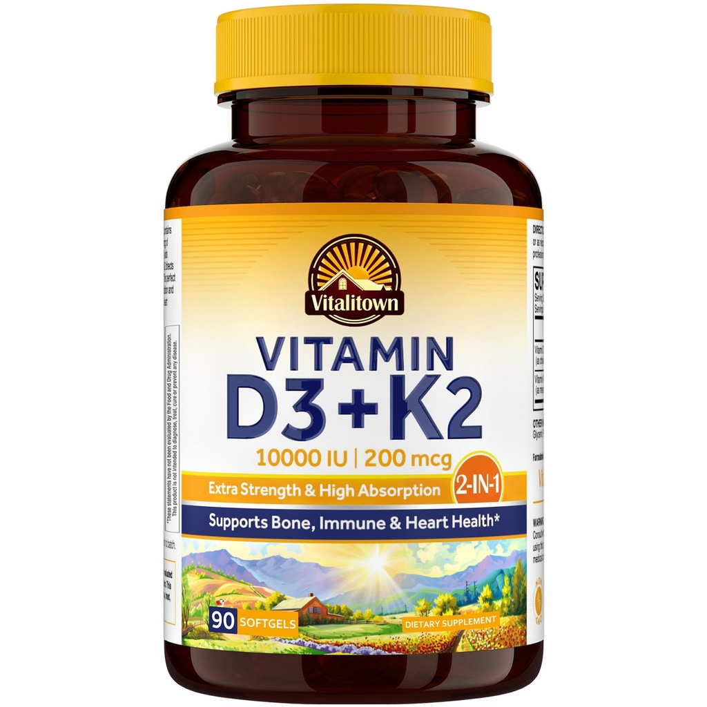 Vitalitown Vitamina D3 K2 Supplemento, Vitamina D3 10000 IU Vitamin K2 (MK7) 200 mcg, 90 Softgels, Non OGM, No Gluten & Soy, per Bone, Teeth, Immune & Heart Health
