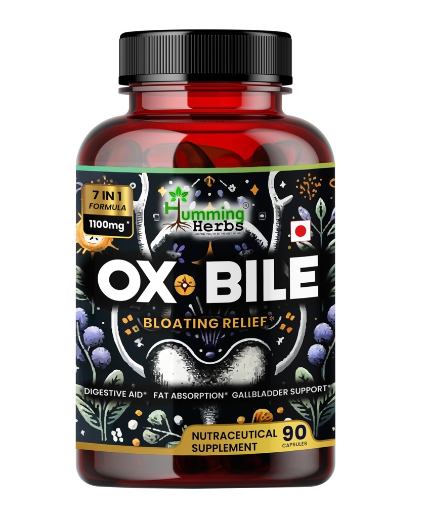 Erbe Humming Ox Bile con enzimi digestivi & Pre/Probiotici 90 Caps Veg Acido colico, Inulina, Betaina HCl, Menta piperita, Bromelain Digestione sana & Absorbimento Nutriente - Bile Salts Supplemento