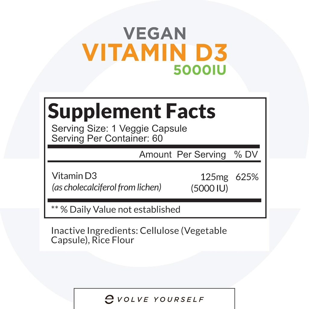 Vegan Vitamina D3 5000 IU Supplemento - Pure, ad alta potenza D3 Vitamina 5000 IU Integratori per la Salute Immune & Strong Bones Support - 120 capsule, Fornitura di 2 mesi di VIT D3