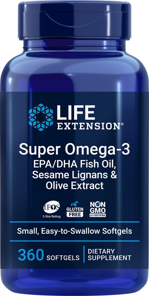 Estensione della vita Super Omega-3 360 Softgels, Facile da ingoiare, EPA/DHA Omega3 Fish Oil, Sesamo Lignans & Olive Extract