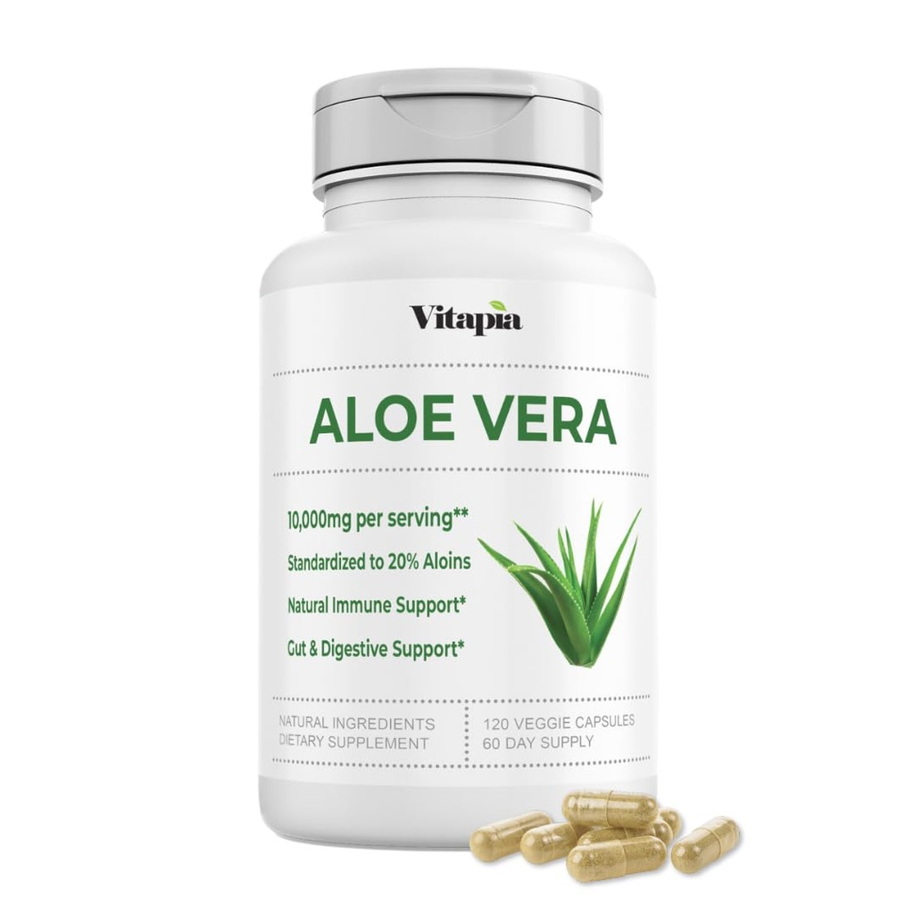 Organic Aloe Vera Capsule 20% Aloins Supplemento - Pure Inner Leaf Gel Concentrate - Digestivo, Salute Gut, Pelle, Supporto Immune - 120 Count - Non OGM, Senza Glutine, Vegan