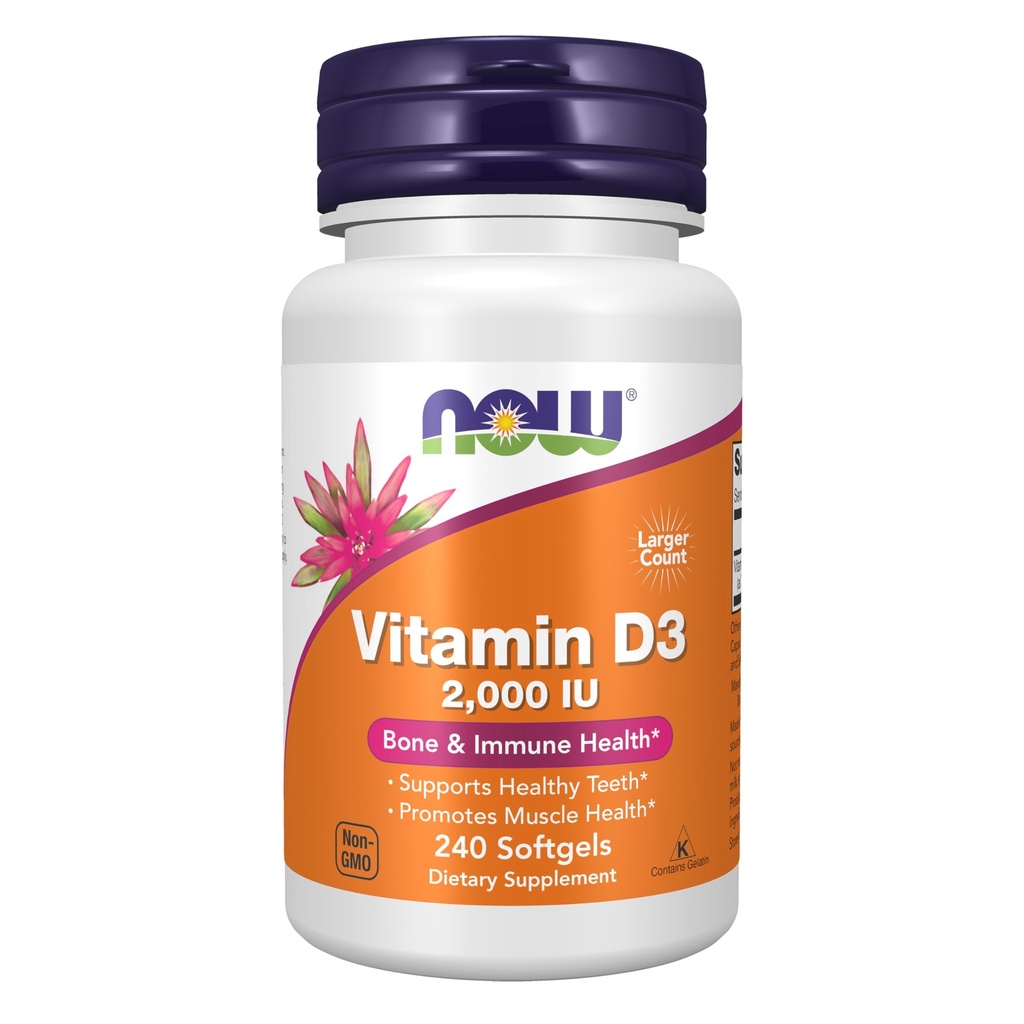 NOW Integratori alimentari, Vitamina D-3 2000 IU, Alta potenza, Supporto strutturale*, 240 Softgels