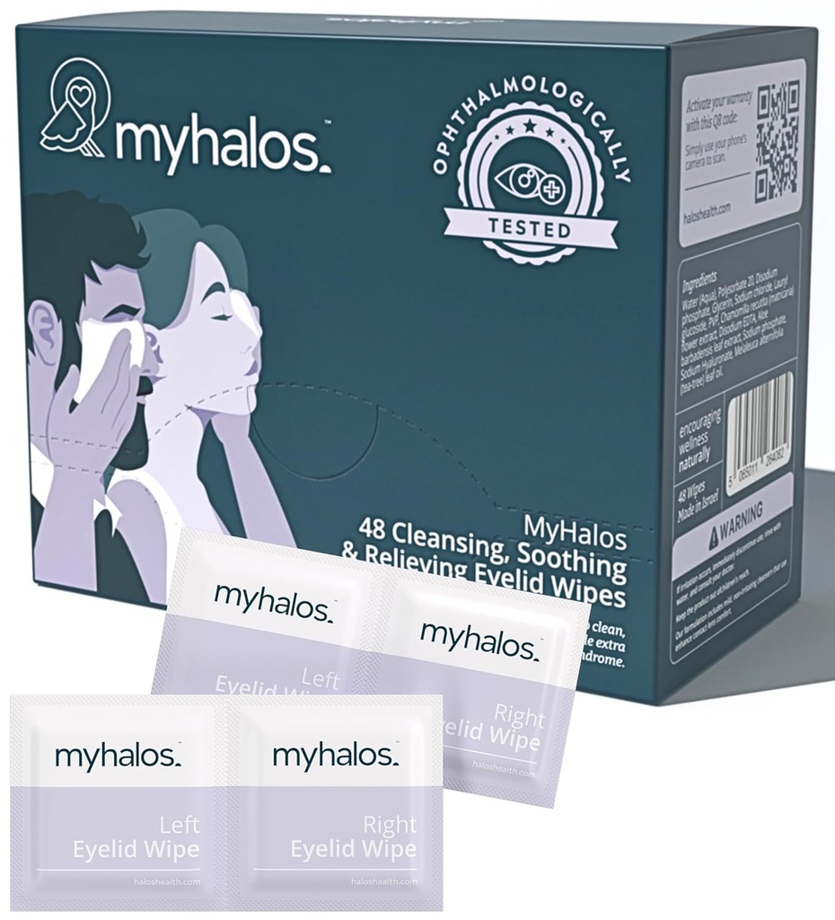 MyHalos® 48 Idratazione Eyelid Wipes for Dry Eye Relief - Moisturizing & Soothing Eye Wipes with Tea Tree - Aiuta con Blepharitis & Computer Vision Syndrome, Trattamento Blepharitis per Eyelids, Cleanser