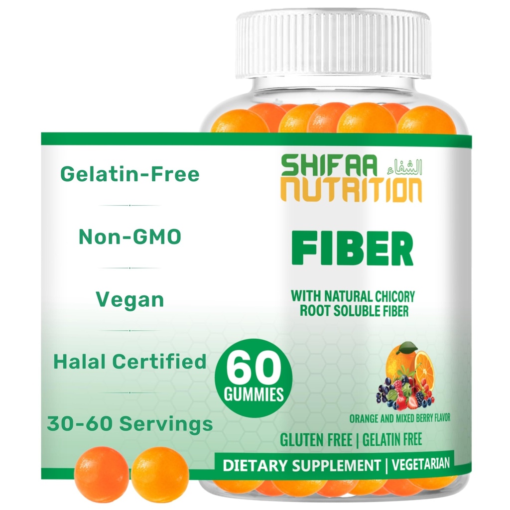 SHIFAA NUTRITION Halal & Gluten Free Fiber Gummies for Kids & Adults | 4g, 30-60 Serve | 60 Gummies | Migliora la salute digestiva, Immunity & Gut Health | Vegan Prebiotic | Non OGM, Gelatin-Free