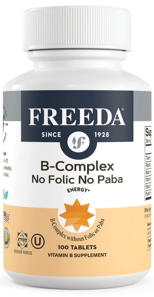 Freeda Vitamina B Complex No Folic No PABA - Super B Complex Kosher Integratore di vitamina B1 Vitamina B2 Vitamina B3 Vitamina B5 Vitamina B6 Vitamina B12 - Vit B Complesso B per Donne & Uomini (100 Ct)