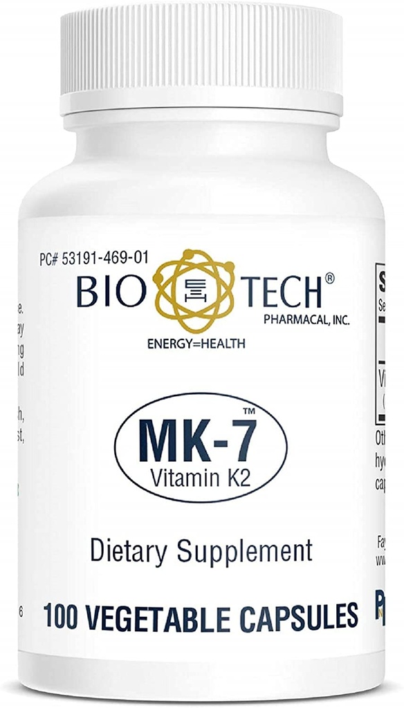 Bio-Tech Pharmacal MK-7 (Vitamin K2), 100 capsule vegetali – Integratore Naturale – Supporta la salute cardiovascolare & Bone – Nessuna latticini, pesce, glutine, arachidi, crostacei, OGM, Kosher, Halal, & Soy –