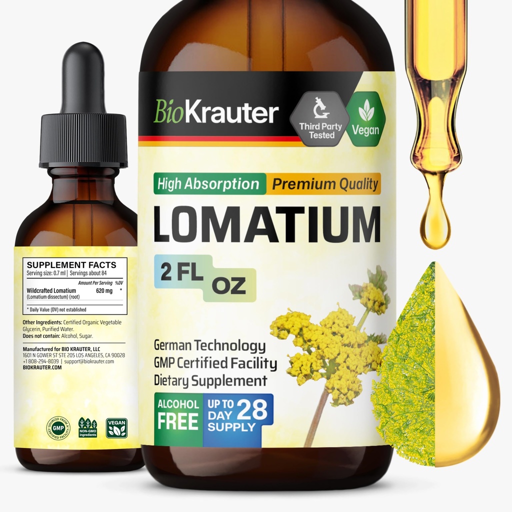 BIO KRAUTER Lomatium Root Tincture - Vegan Respiratory Support Supplement - Lomatium Dissectum Liquid Extract - Alcol & Sugar Free - 2 Fl.Oz.