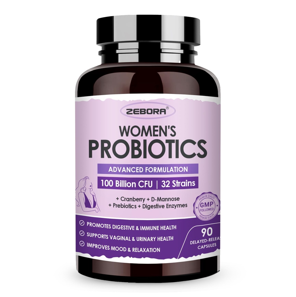 ZEBORA Probiotici per la salute digestiva delle donne con enzimi e prebiotici 100 miliardi di CFUs| Probiotici vaginali con D Mannose & Cranberry | Salute del tratto urinario | Supporto immunitario, 90 capsule