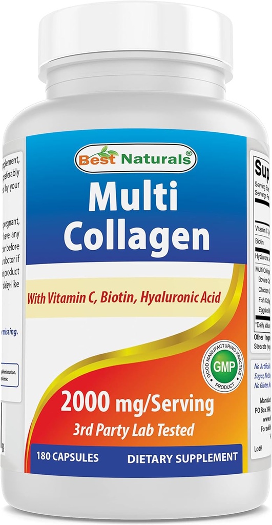 Best Naturals Multi Collagen Pills 2000mg per Donne & Uomini - Capsule Peptidi di collagene idrolizzati per Capelli e Unghie con Tipi I II III V X, Biotina, Acido Ialuronico & Vitamina C