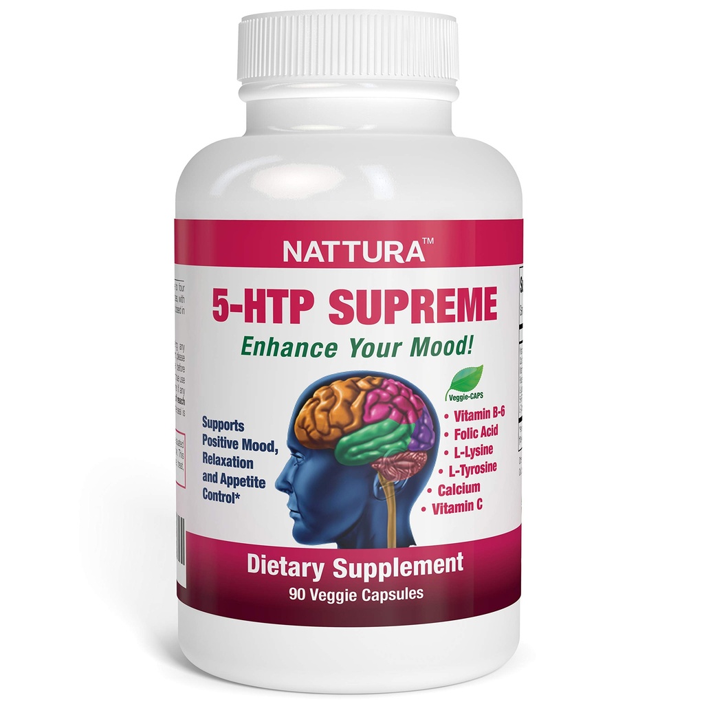 Nattura 5-HTP Supreme - per Mood Positivo, Rilassamento e Controllo Appetite - con 5-HTP, L-Tyrosina, L-Lysine, Vitamina B6, Folate (acido folico), Vitamina C (acido ascorbico), Calcio - 90 capsule