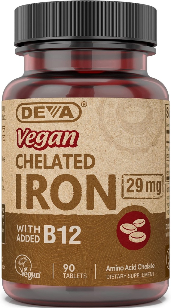 Deva Nutrition Vegan Chelated Iron 29 mg Fortificata con B-12 - Alta potenza, Facile da ingoiare - 90 compresse, 1-Pack