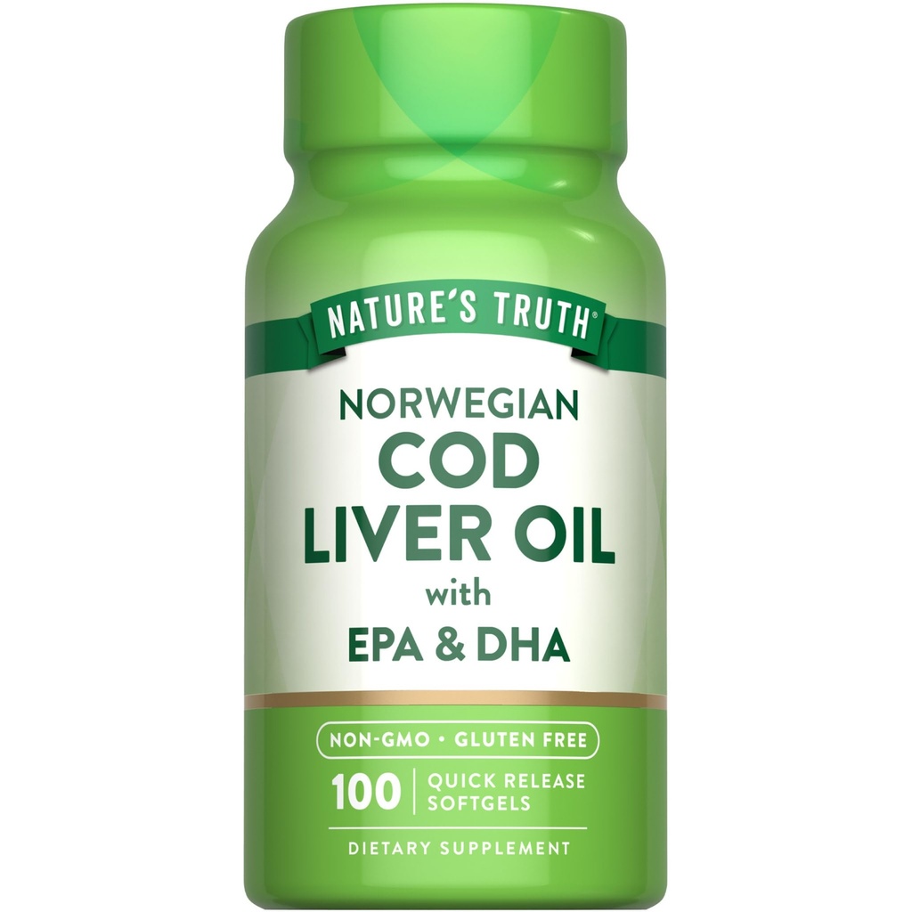 Nature's Truth Norwegian Cod Liver Oil | 100 Softgels | con EPA & DHA | Non-GMO & Gluten Supplemento gratuito