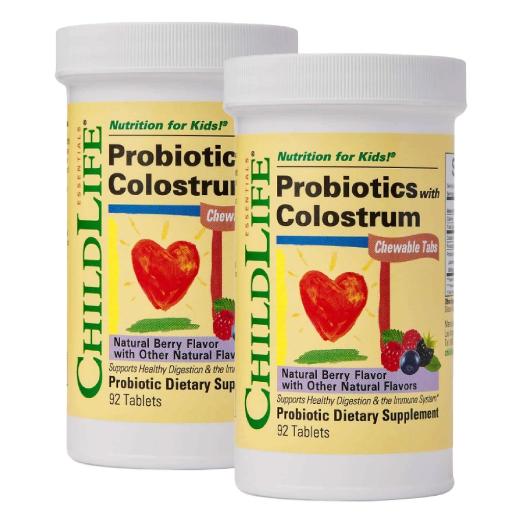 CHILDLIFE ESSENTIALS ChildBiotics with Colostrum- Probiotics for Kids, Probiotics for Digestive Health, Chewables, Children's Probiotics, Colostrum for Kids - Natural Berry, 92 Tablets (Pack of 2)