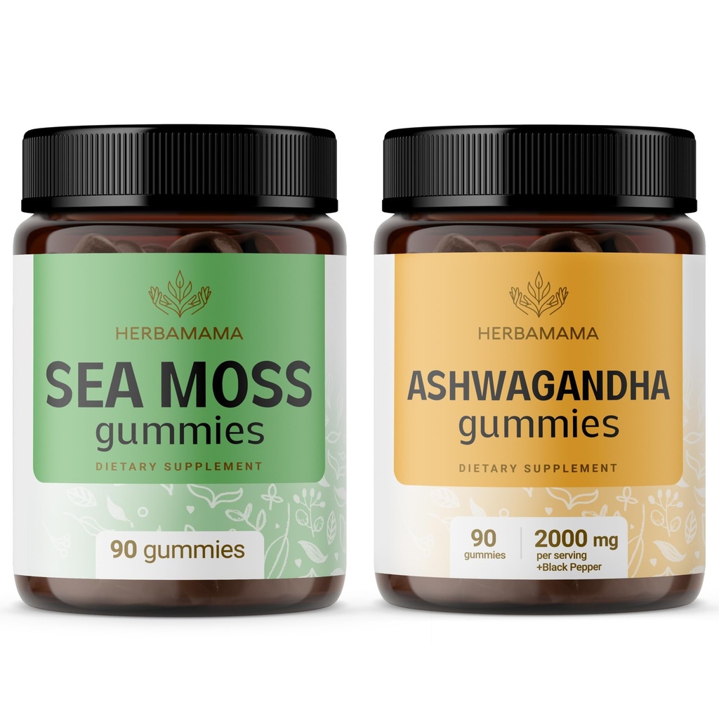 HERBAMAMA Sea Moss e Ashwagandha Kit - Bundle di 1600 mg Sea Moss con Bladderwrack & Ashwagandha Root Gummies - Vegan, Non OGM, Gelatin-Free - 2 Pack