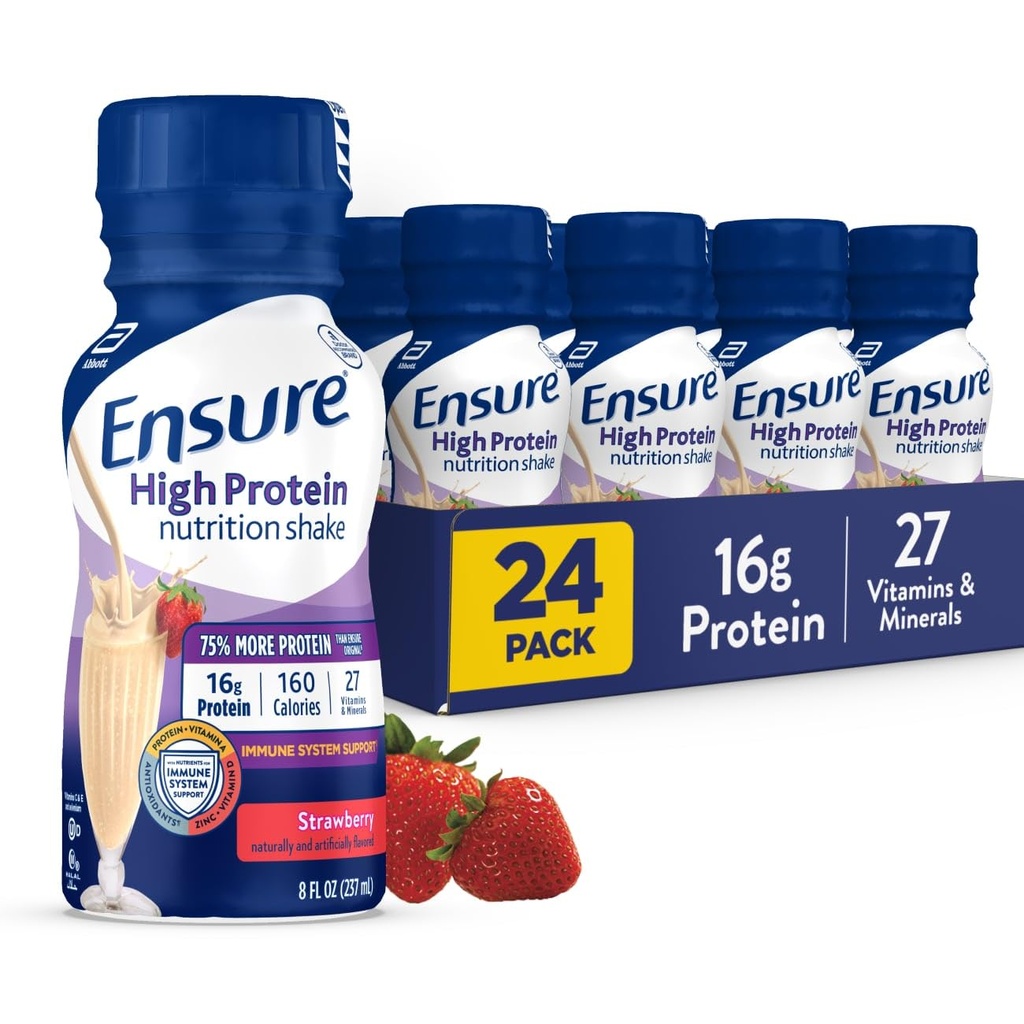 Assicurare Shake di nutrizione di fragole ad alta proteina, pronto per bere, 16g Protein e 27 vitamine e minerali, 8 fl oz, 24 Pack