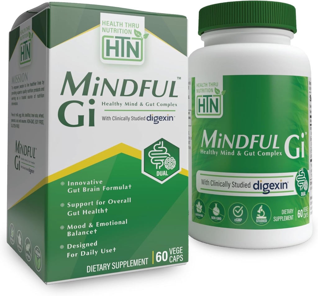 Health Thru Nutrition Mindful GI - Healthy Mind & Gut Complex | con Digexin, Magnesium, L-Glutamina e Probiotico per il supporto Gut-Brain Axis | Regolarità, Bloating, Calmness Supplement