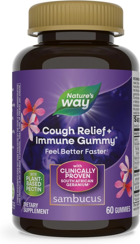 Natura's Way Sambucus Cough Relief+, Gomma Immune, Sentire meglio più veloce, clinicamente provato estratto di radice di geranio sudafricano, con estratto di sambuco, vitamina C & zinco, 60 Gummies (Packaging May Vary)