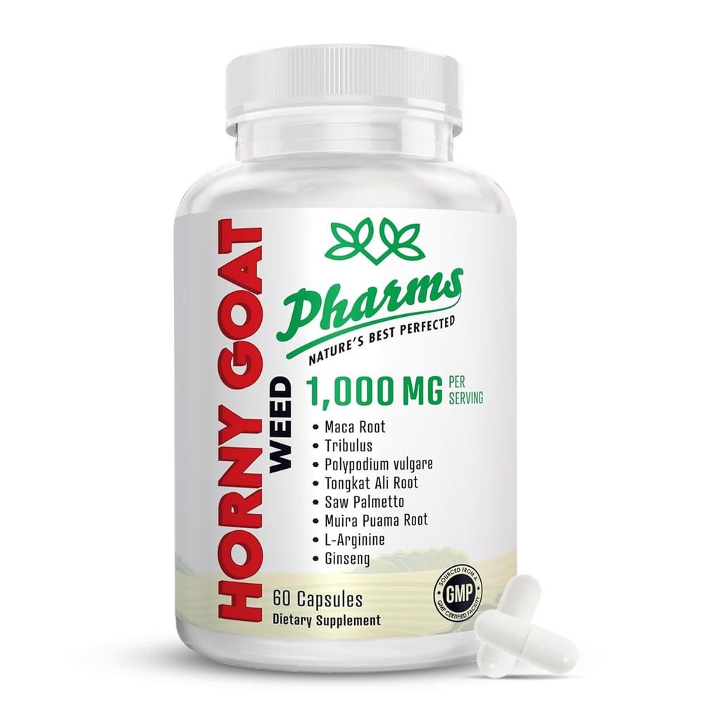 PHARMS Hornygoatweed for Men & Women (1,000 mg) - Energy & Stamina Capsules with Maca Root, Tribulus, Tongkat Ali, Saw Palmetto & Ginseng - Female & Male Performance Enhancing Supplement - 60 Capsule