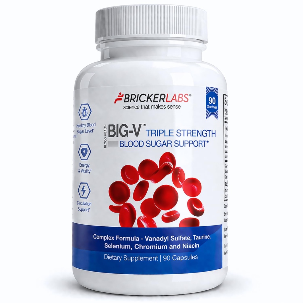 Bricker Labs Big-V Triple Strength Vanadyl Supplemento: Vanadyl Sulfate 30 mg, Taurina 600 mg, Selenio, Cromo e Niacina, Integratore minerale misto capsule 90 ct