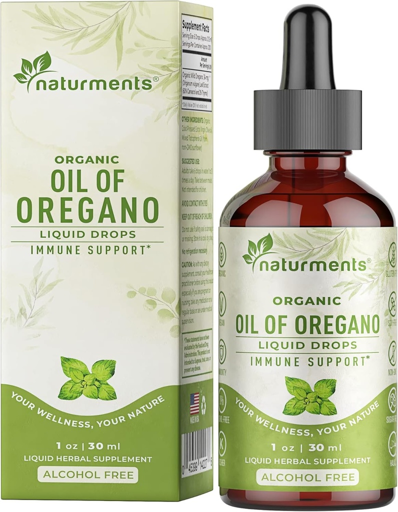 Naturments Oregano Gocce di olio per il supporto immunitario & Gut Health. Vegan, Non OGM, Sugar Free & Gluten Free Organic Wild Mediterranean Olio di origano con Olio Extra Vergine di Oliva Biologico - 1 Fl Oz 30 Ml