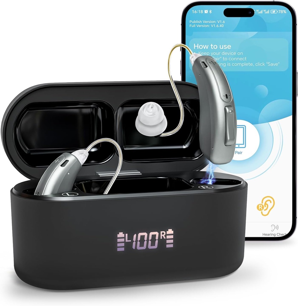 Apparecchi acustici (non amplificatori), apparecchi acustici ricaricabili Bluetooth per adulti anziani, apparecchi acustici intelligenti OTC di qualità del suono superiore con cancellazione del rumore, Bluetooth Enabled & App Control, 4 modalità