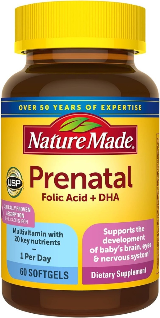 Natura fatta vitamina prenatale + DHA Softgels con acido folico, iodio e zinco, 60 conte