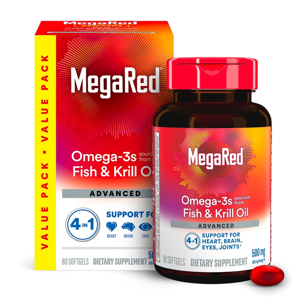 Megared Omega-3 Fish Oil + alto assorbimento Krill olio 500mg Softgels, MegaRed Advanced 4in1 (80 contare in una bottiglia) Concentrato Omega-3 Fish & Krill olio supplemento