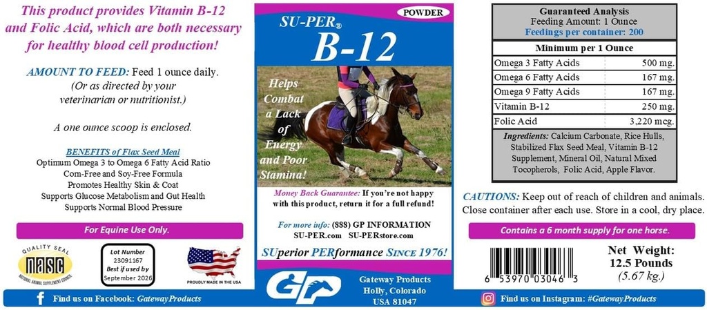 SU-PER B-12 Energy Horse Supplement - Equine Vitamins B-12 & B-9 Folic Acid Support Powder - 12.5 Pounds, 6 mesi di alimentazione