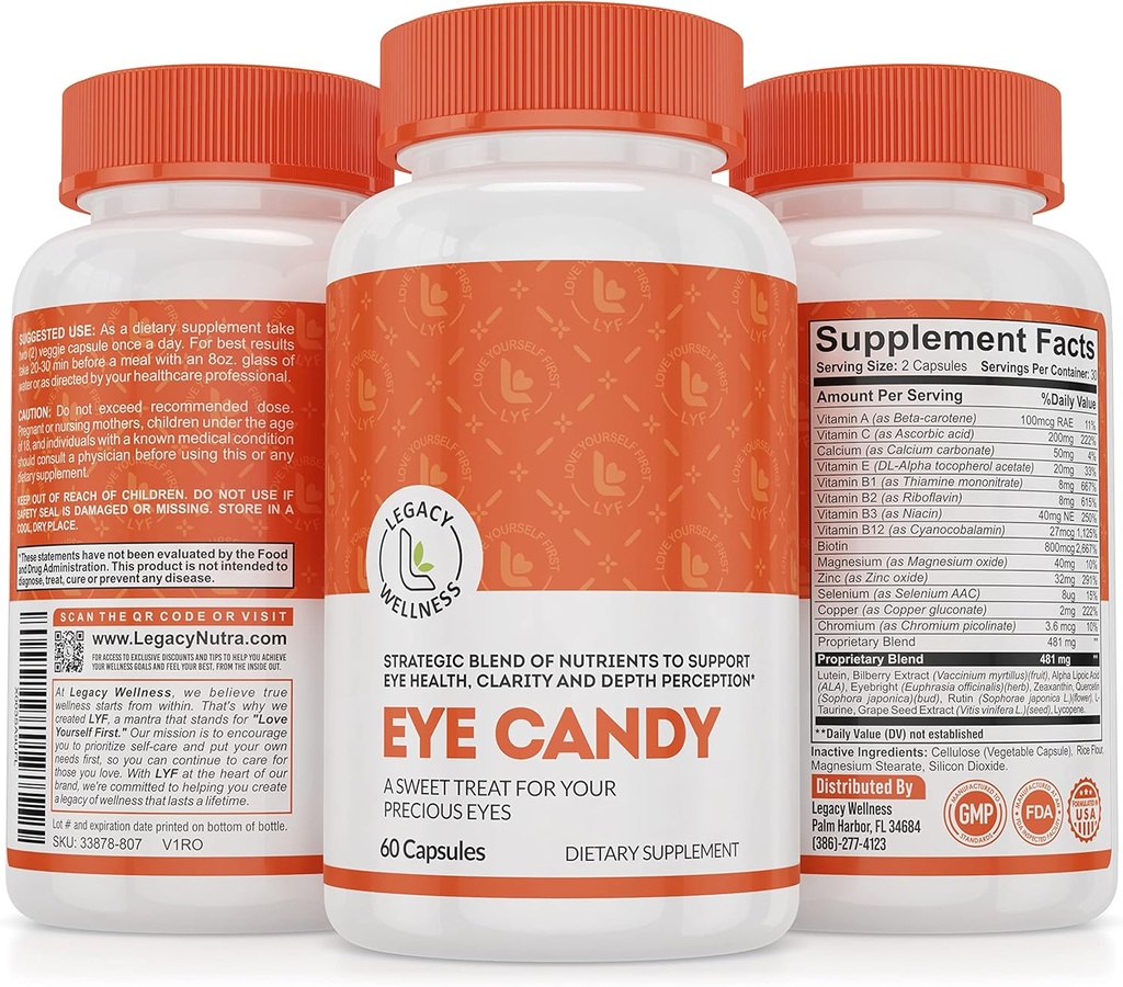 Legacy Wellness Eye Candy Vitamine di occhio con Lutein, Zeaxanthin, Calcio, Biotina, Rame, Pillole di zinco + Supporti Vision Health in invecchiare Adulti + Strain occhio da troppo tempo di schermo, Integratori di occhio secco