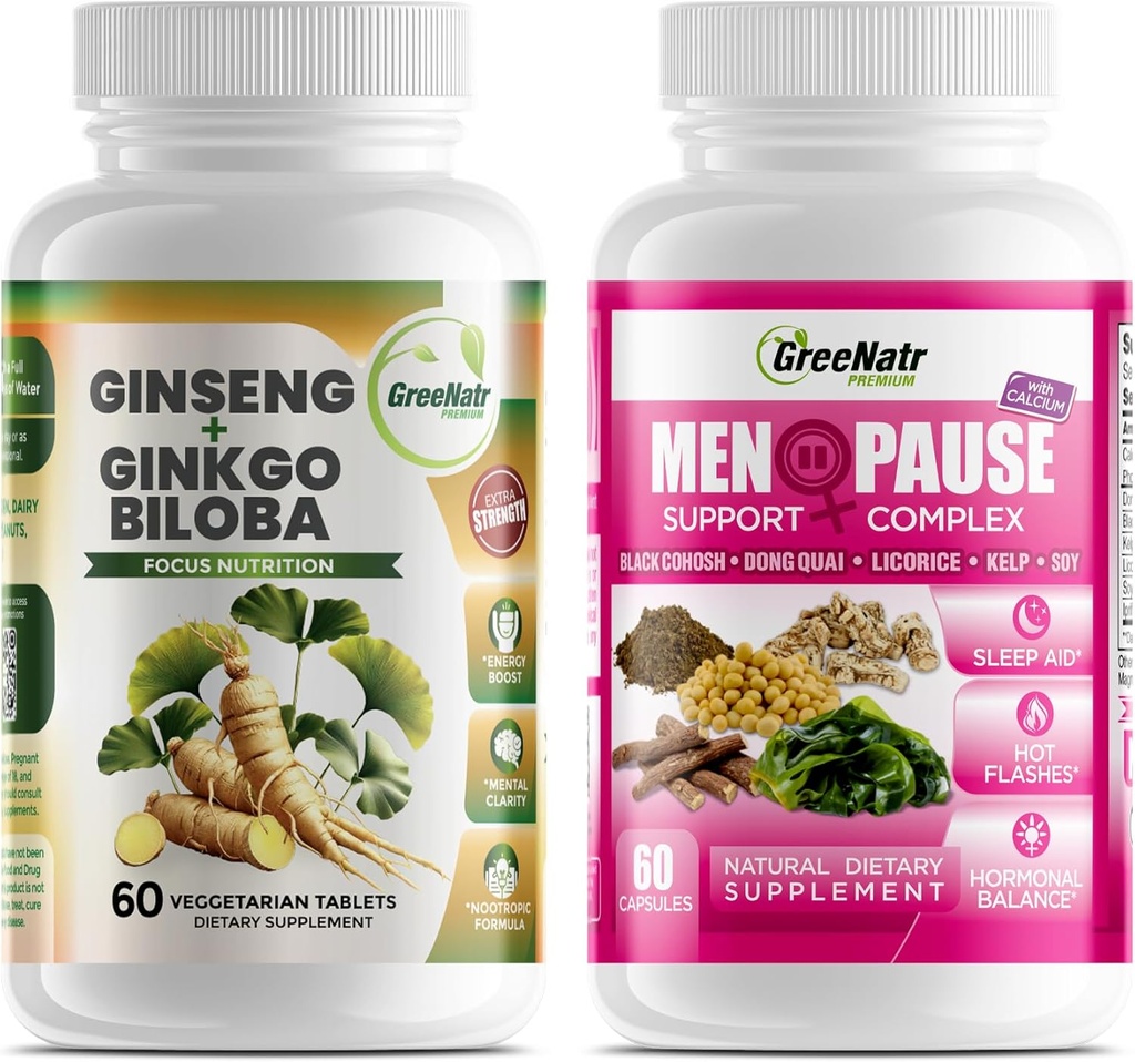 Soluzioni ottimali per il benessere: Supporto per la menopausa di erbe e Ginseng + Ginkgo Biloba Energy & Brain Focus Booster per gli uomini e le donne