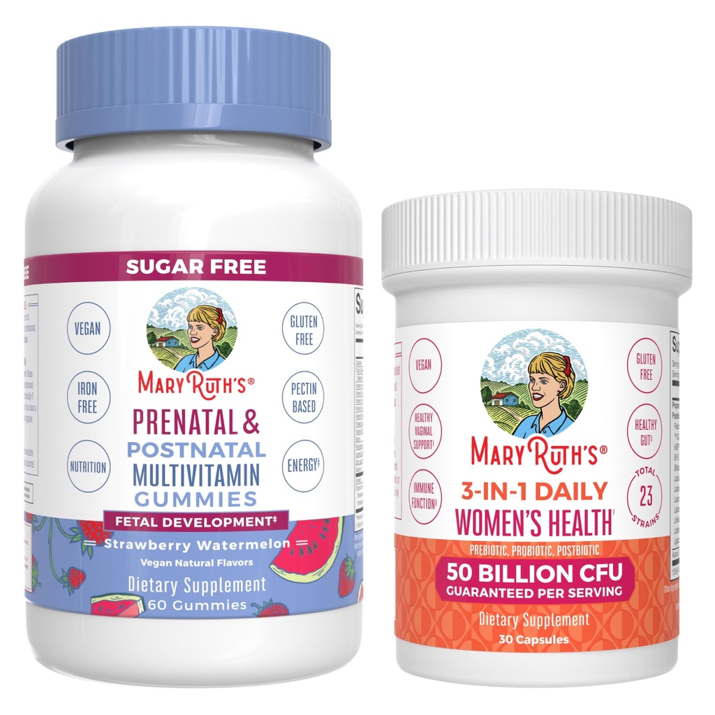 MaryRuth Organics Prenatal Postnatal Multivitamin Gummies (Strawberry) & Women's 3-in-1 Daily Probiotic Capsule | Clean Label Project Verified® | Breastfeeding & Gut Health | Vegan, Non OGM