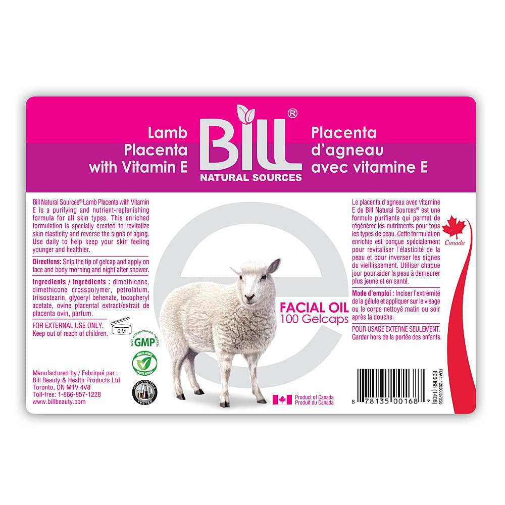 Bill Fonti naturali Agnello Placenta con vitamina E, 100 Gelcaps - ringiovanisce le cellule della pelle spenta e rivitalizza l'elasticità delle cellule della pelle