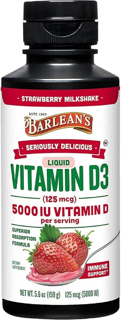 Vitamina liquida D di Barlean, 5000 IU D3, frullato di fragole aromatizzato per bambini e adulti, assorbimento massimo, non OGM, senza glutine - 5.6 oz