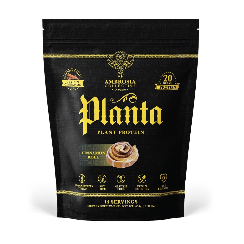 Ambrosia Planta - Premium Plant-Based Protein | Vegan & Keto Friendly | Guurmet Flavors with No Bloating or Stomach Upset | Gluten & Soy Free | No Aggiunto Sugar | 14 Servings | (Cinnamon Roll)