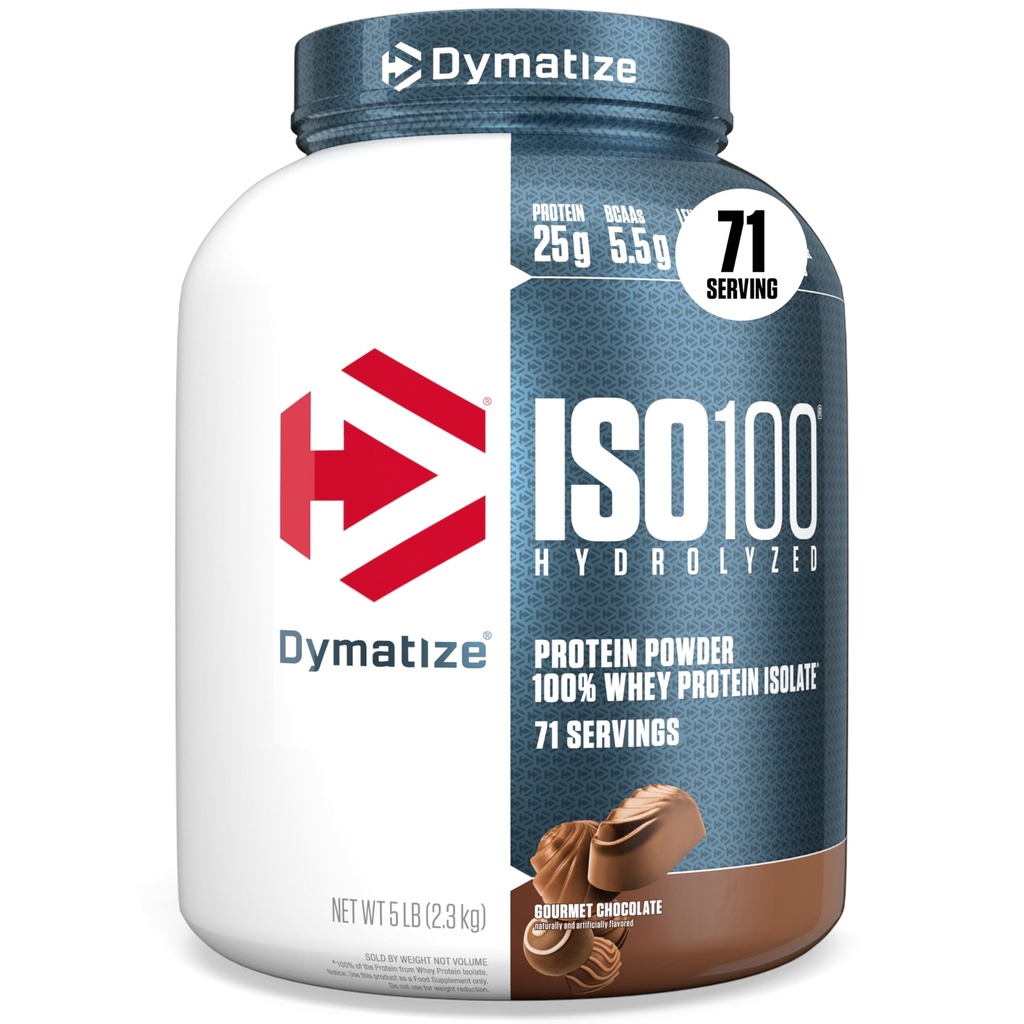 Dymatize ISO100 Whey Protein Powder Isolate, Gourmet Chocolate, 25g di Protein, 5 Pound, 5.5g BCAA, Meno di 120 Cal., Gluten Free, 1g Fat, 1g Sugar, 2g Carb (71 Servings)