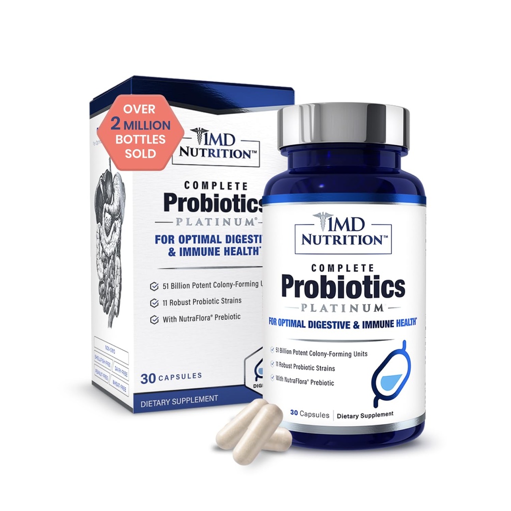 1MD Nutrition Complete Probiotics Platinum - w/Prebiotics and Probiotics for Digestive Health - Integratore Probiotico per Donne & Uomini - Più di 50 miliardi di Live CFU 11 Strains Dairy-Free - 30 Caps