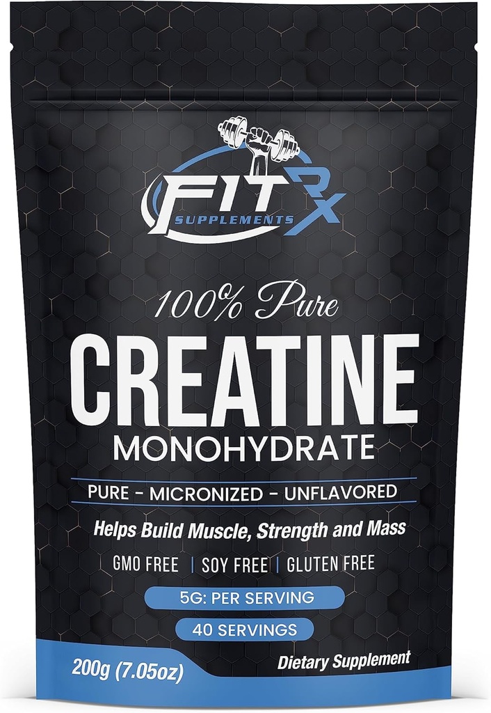 FITRxSupplements.com Polvere di monoidrato di creatina pura - ingredienti aggiunti a zero - senza calorie, 5g per porzione, senza aroma 40 selezioni, 200g, dissolvenza rapida
