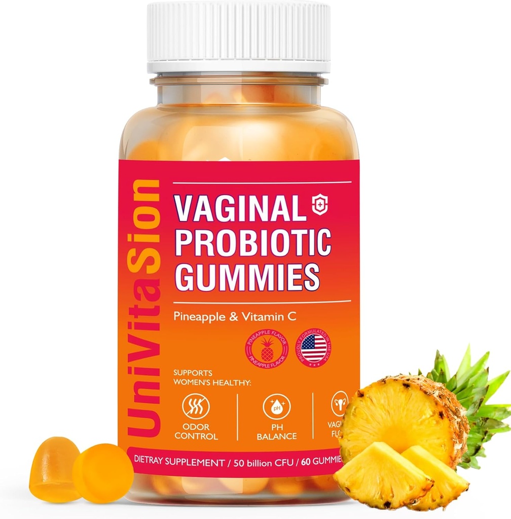 Probiotici vaginali UniVitaSion Gummies per le donne, 50 miliardi di CFU - PH Balance, Odore vaginale, Flora vaginale, Trattamento delle infezioni da lievito per le donne, Vitamina C per la salute immunitaria, Aroma di ananas hawaiano