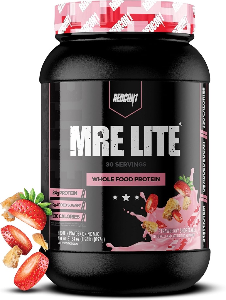 REDCON1 MRE Lite Polvere di proteine alimentari, Shortcake di fragole - Basso Carb & Whey Sostituzione di pasti gratuiti con miscele di proteine animali - Facile da digerire Supplemento realizzato con oli MCT (30 Serve)