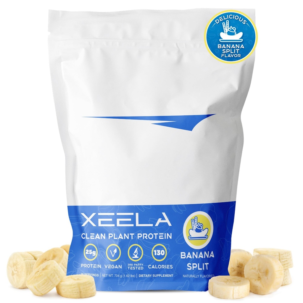 XEELA Plant Based Vegan Protein Powder - Indipendente testato - 25g Alta Proteina, Pea Protein per Uomini & Donne - Vitamine & Minerali, Non OGM, Latticini & Gluten Free, LowCarb & LowFat (Banana Split)