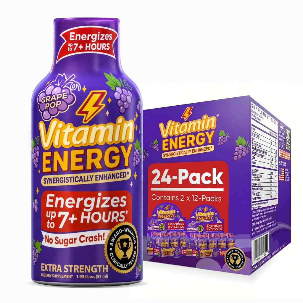 Vitamin Energy Focus+ Extra Strength Energy Shot Grape 24 Pack, 260mg Natural Caffeine, B-Vitamins, CoQ10, Aminoacidi, Focus, Produttività & Clarity, Zero Sugar, Gluten-Free, 1.93 fl oz