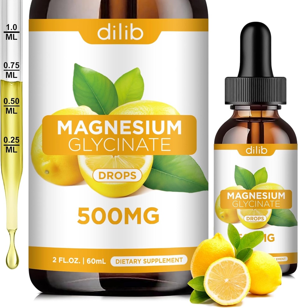 Magnesio Glycinate Supplemento, Magnesio Glycinate Liquid Drops 500mg con Calcio, Zinco, Vitamina B6, D3, L-teanina, Omega 3 per il sonno, Mood, Stress Relief, Bone, Muscolo, Limone Flavor