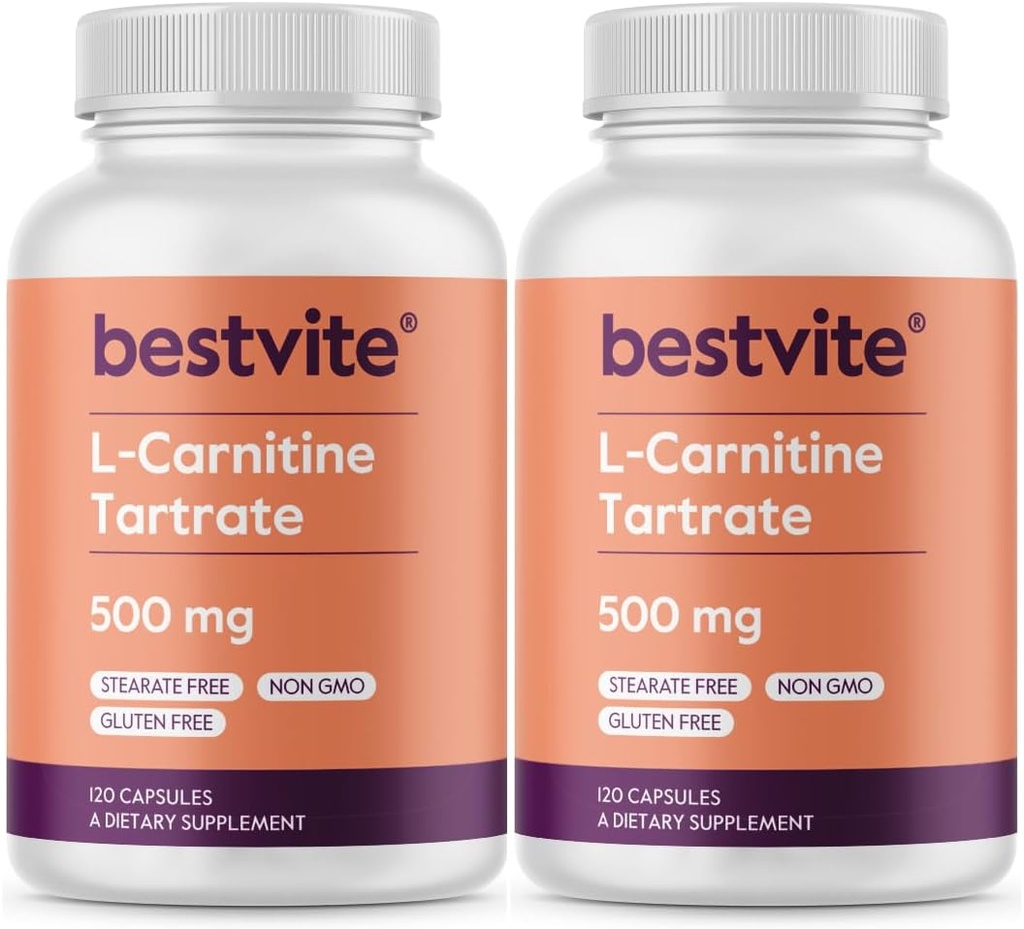 BESTVITE L-Carnitina Tartrato 500mg per capsula (240 capsule)(120x2) - No Stearates - Non OGM - Gluten Free