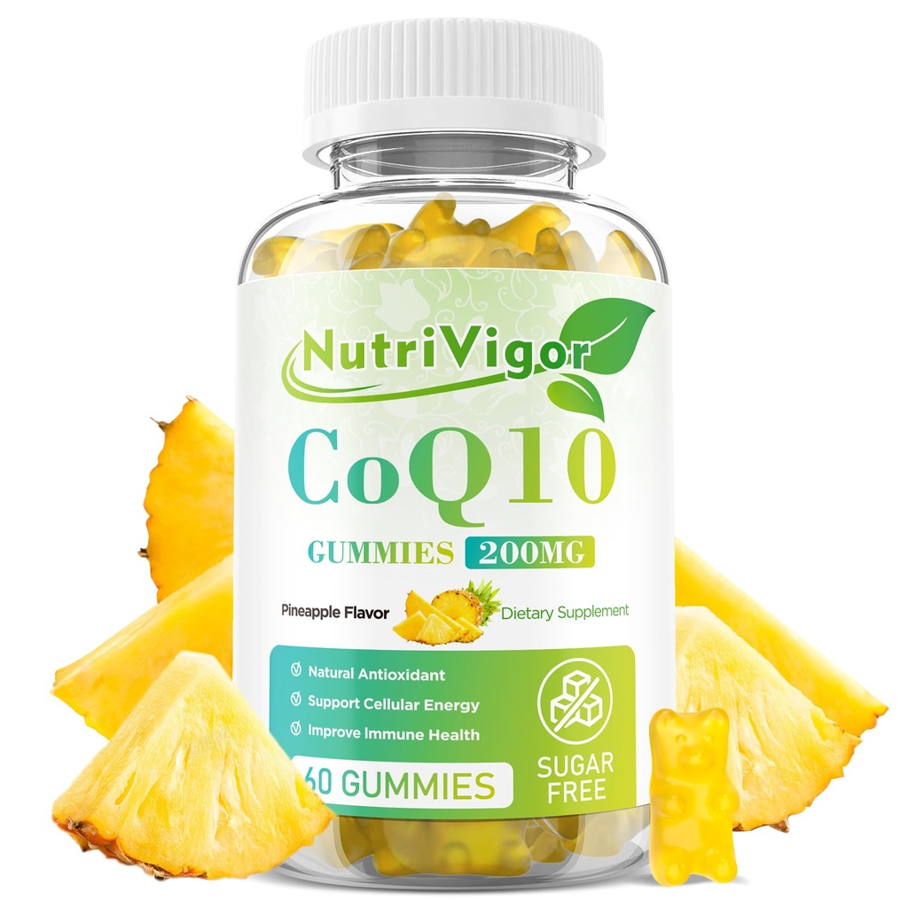 CoQ10 Gummies, Coenzyme Q10 Supplemento 200 mg, Alto assorbimento CoQ10 Supplemento per l'energia cellulare e la salute immunitaria, Vegan, Gluten Free, Ananas Flavor, 60 conte