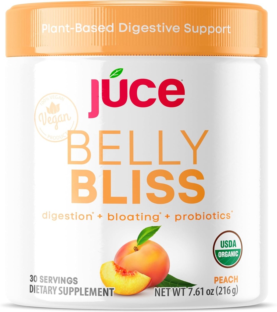 Júce Belly Bliss, Peachy Greens, 30 porzioni, Probiotici + Verdi, Bloating Support with Plant-Based Digestive Enzymes, Polvere di supplemento dietetico - By Terra Kai Organics