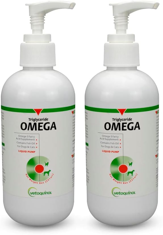 Vetoquinol Triglyceride Liquid Omega 3 Supplemento per cani e gatti, Liquid Fish Oil Supplement w/EPA e DHA, promuove pelle, cappotto, Joint, & Immune Health, Omega 3 Fish Oil per cani e gatti, 8oz, 2 Pack