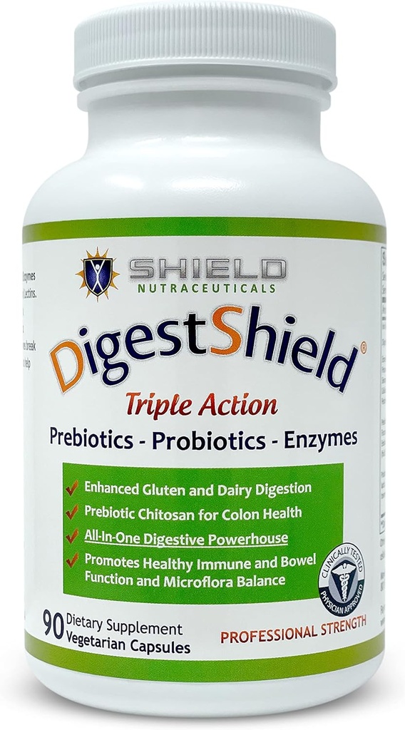 DigestShield® Probiotic & Prebiotic Supplement + Enzimi Digestivi, Beat The Bloat, Latticini digeriti in modo sicuro, Alimenti Gluten e Processati, Ridurre l'assorbimento grasso con Chitosan, fornitura di 90-Meal