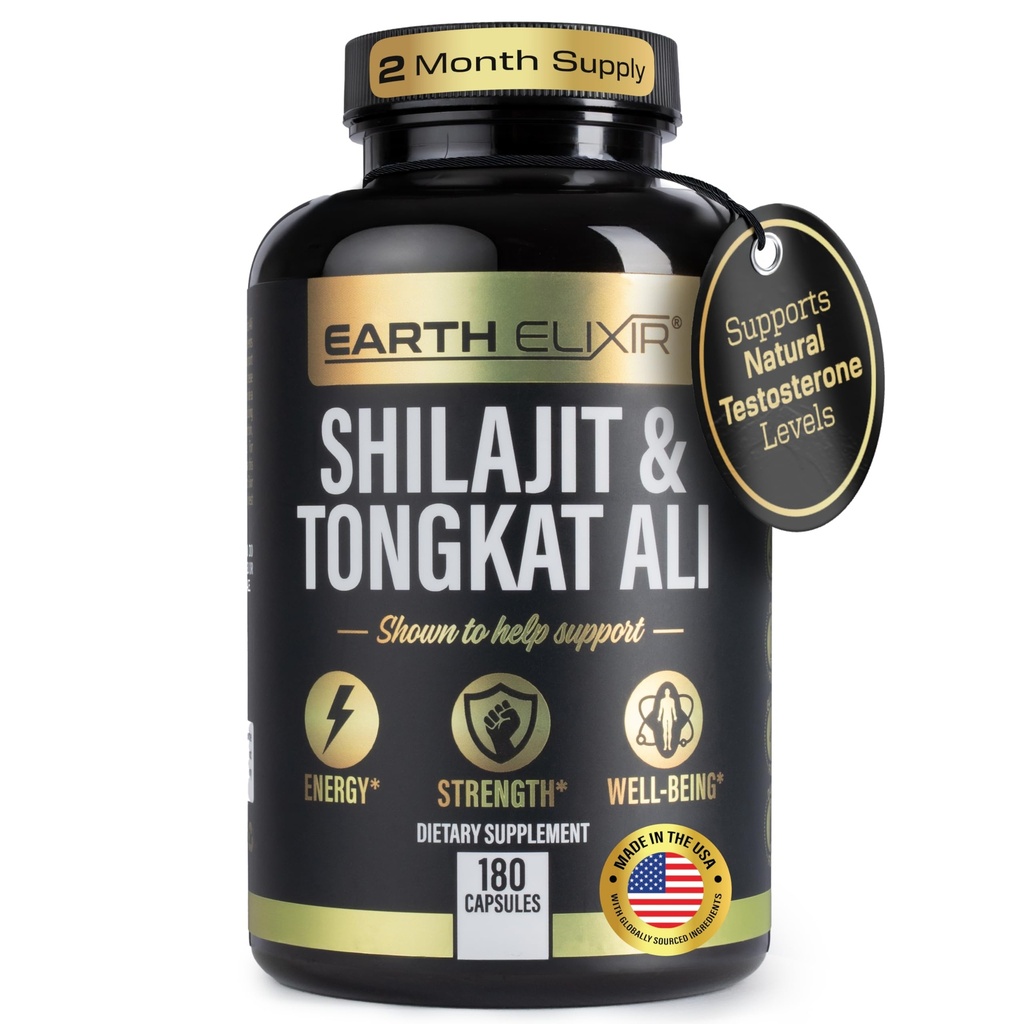 Earth Elixir Shilajit 1000mg & Tongkat Ali 400mg (180 capsule) Made in USA-Shilajit Supplemento (20% acido Fulvico) Shilajit Pure Himalayan Organic & Tongkat Ali per gli uomini Più potente di Shilajit Resin