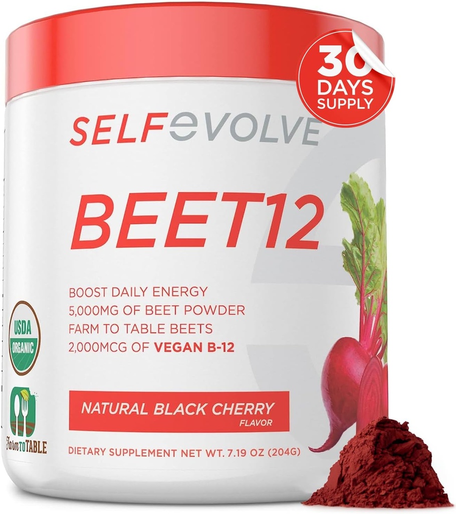 selfevolve Beet12 - Polvere di radice di barbabietola organica potenziata con vitamina B12, Booster di ossido nitrico, polvere di succo di barbabietola sostegno energia naturale, polvere di barbabietola con aroma di ciliegia nero, 30 Serve